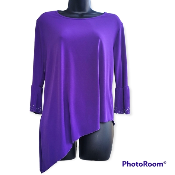 Pretty Women Long Sleeve Tunic Pullover Top Rhinestone Bell Sleeve Medium Purple - Picture 1 of 4